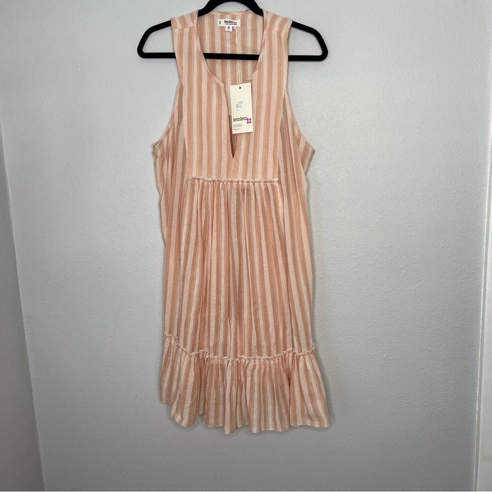 New Lemlem Peach Orange Striped Nefasi Bib Cotton Blend Sleeveless Dress Size L